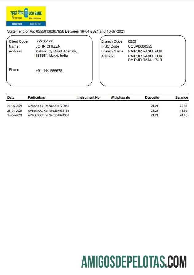 Exemplo de extrato bancário da Índia Uco